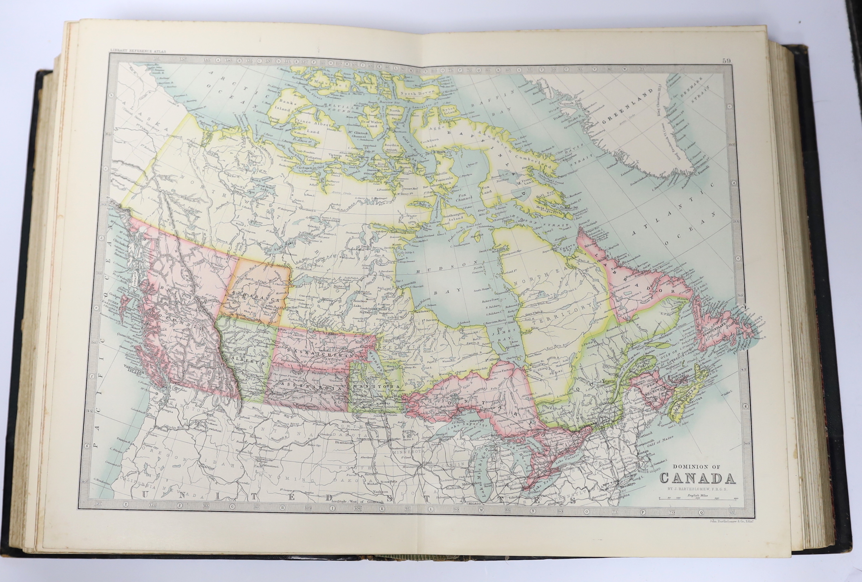 Bartholomew, John - The Library Reference Atlas of the World. 84 d-page coloured maps; contemp. half morocco and cloth, panelled spine, ge. and marbled edges, folio. (1890)